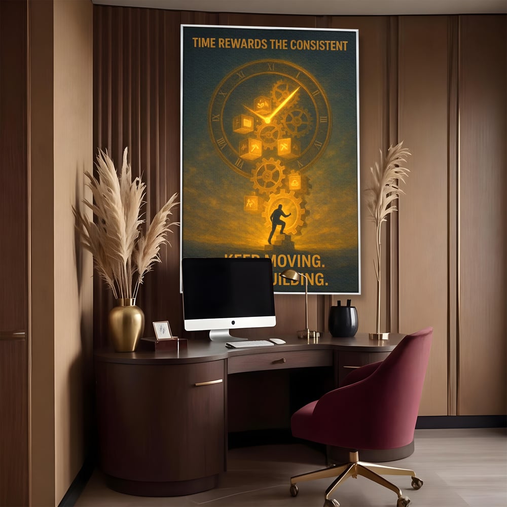 Tablou canvas cu ilustratie motivationala cu ceas si angrenaje, in rama de aluminiu argintiu, pe perete intr-un birou